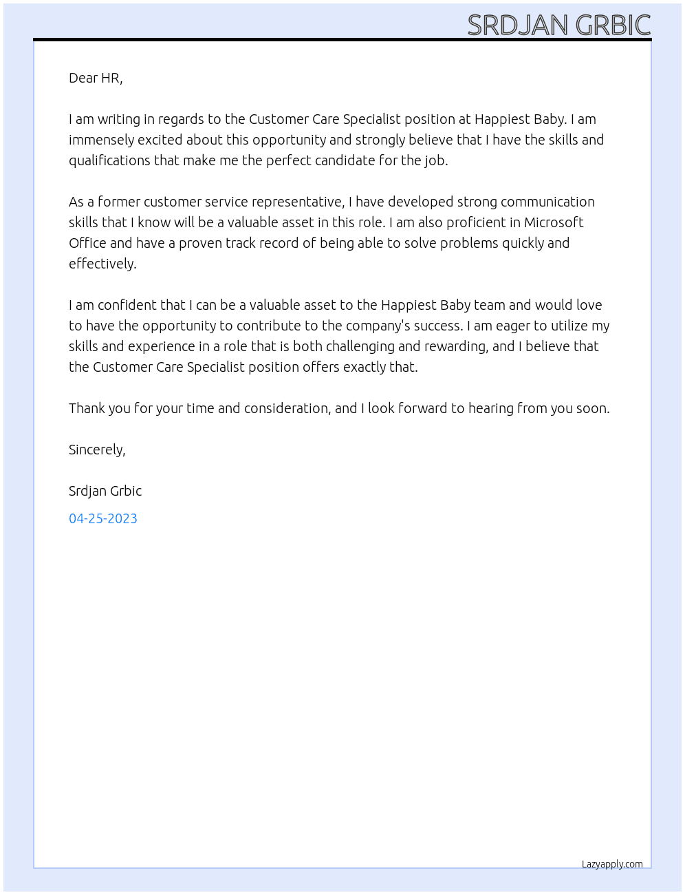 Customer Care Specialist At Happiest Baby Cover Letter