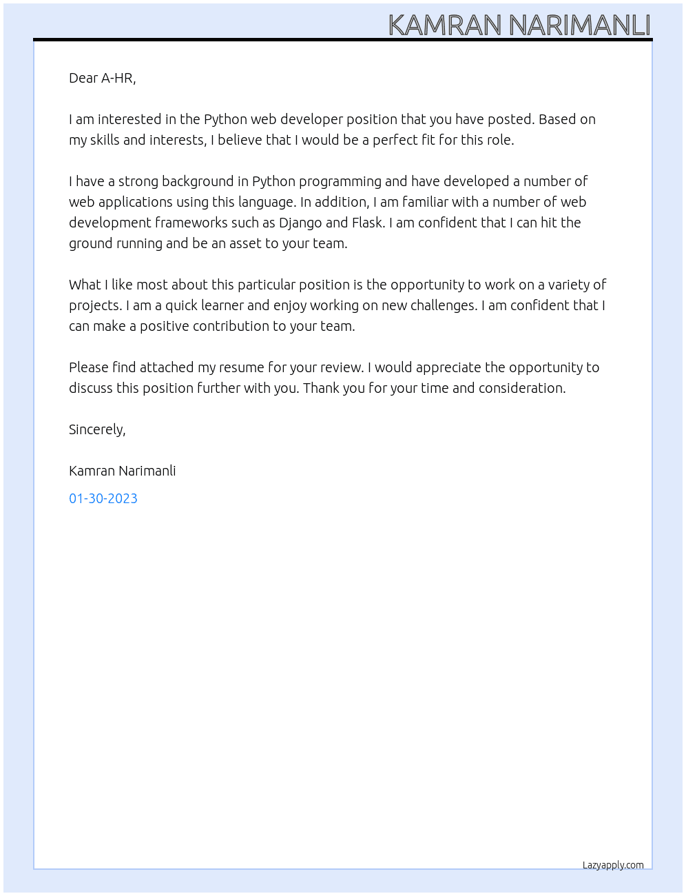 Cover letter for python web developer - LazyApply