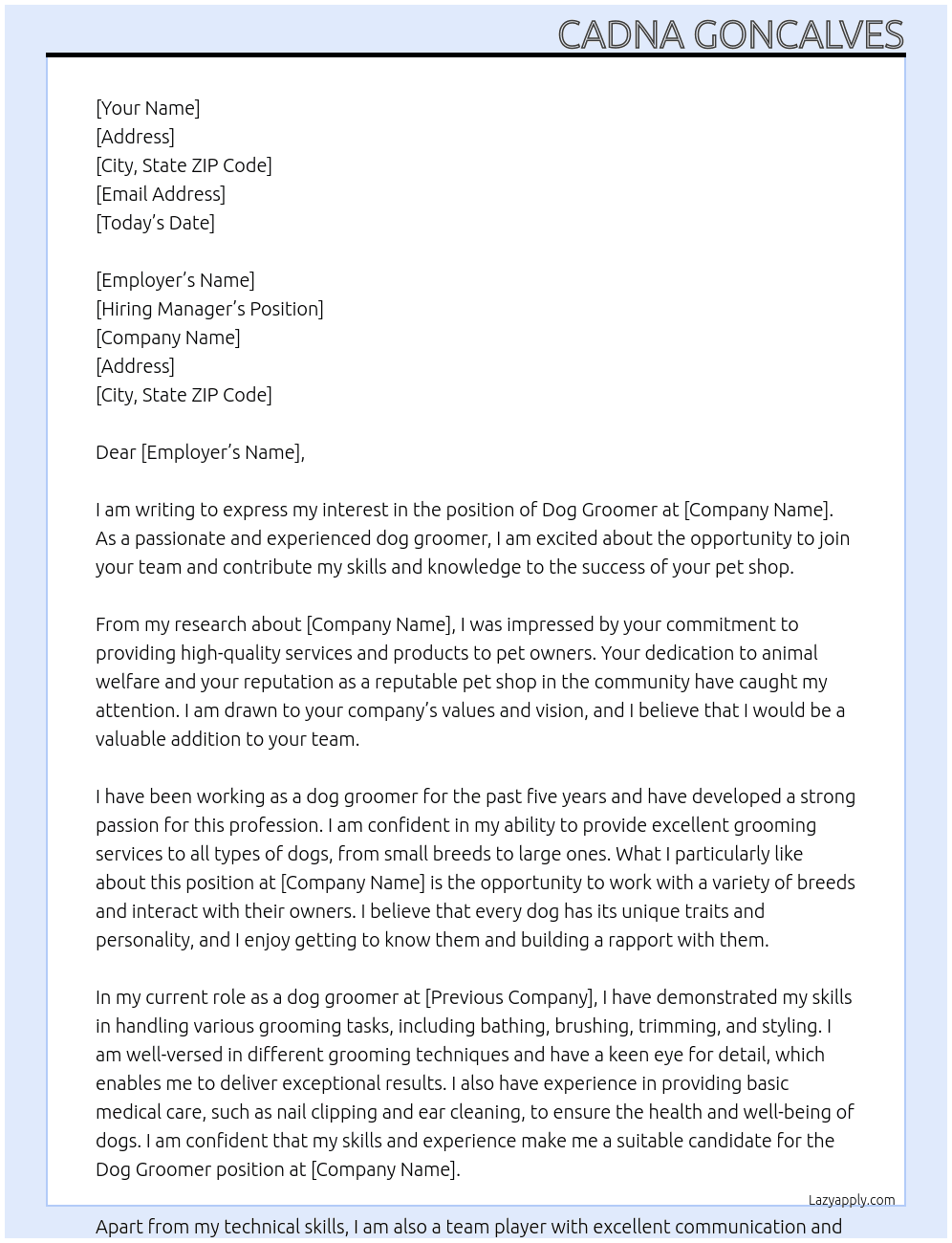dog groomer At pet shop Cover Letter