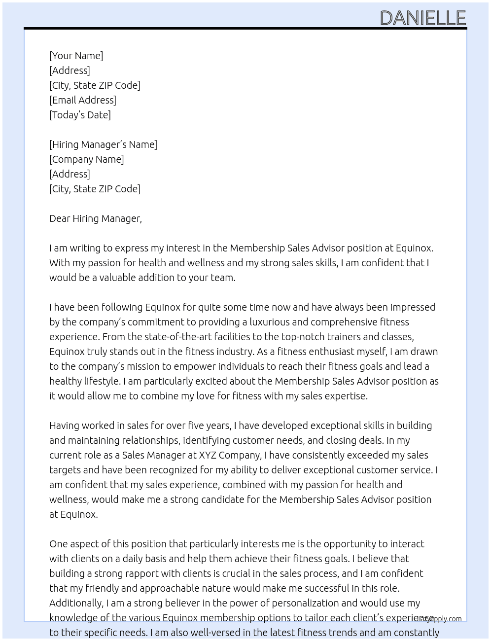 Membership Sales Advisor At Equinox Cover Letter