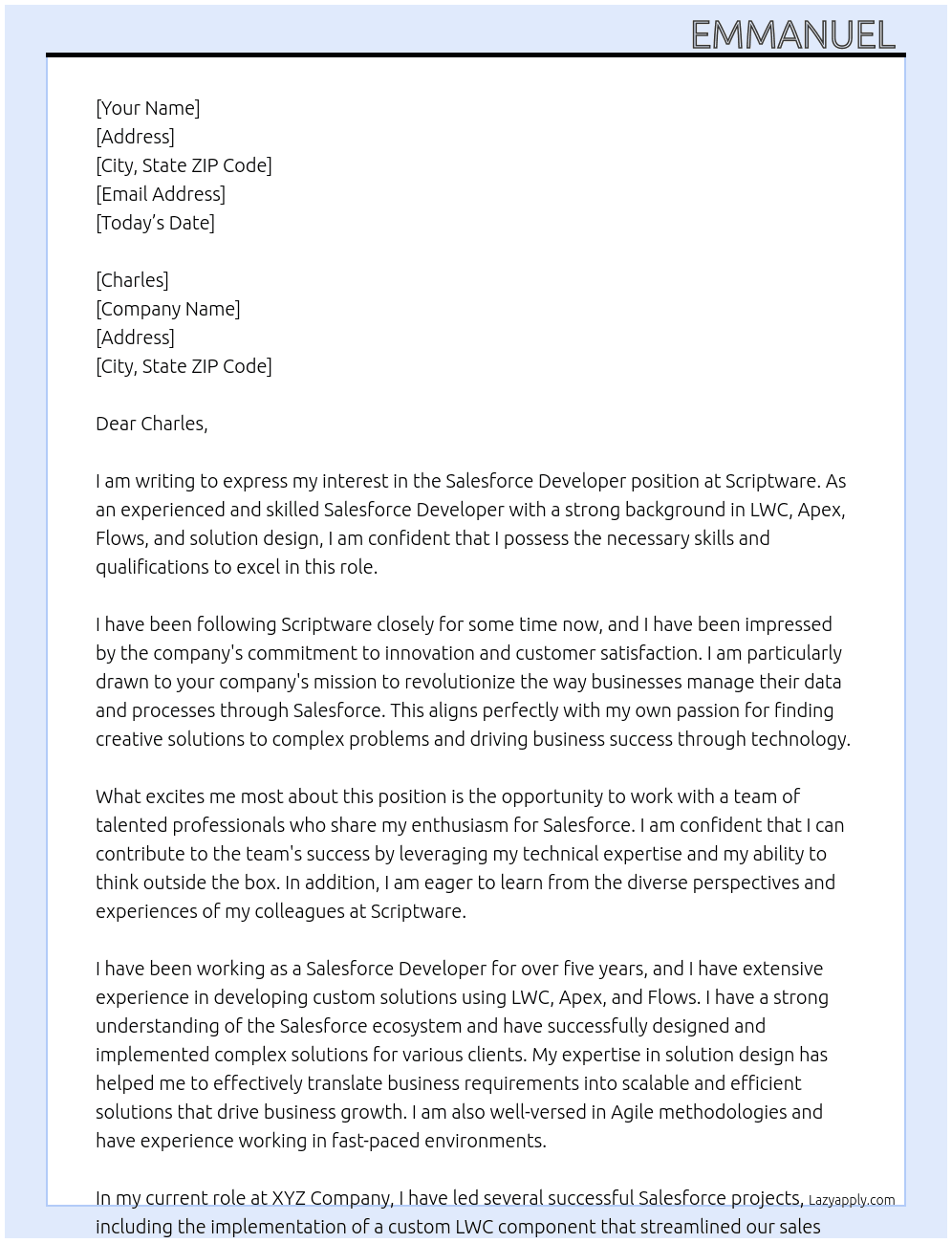 Salesforce developer  At Scriptware Cover Letter