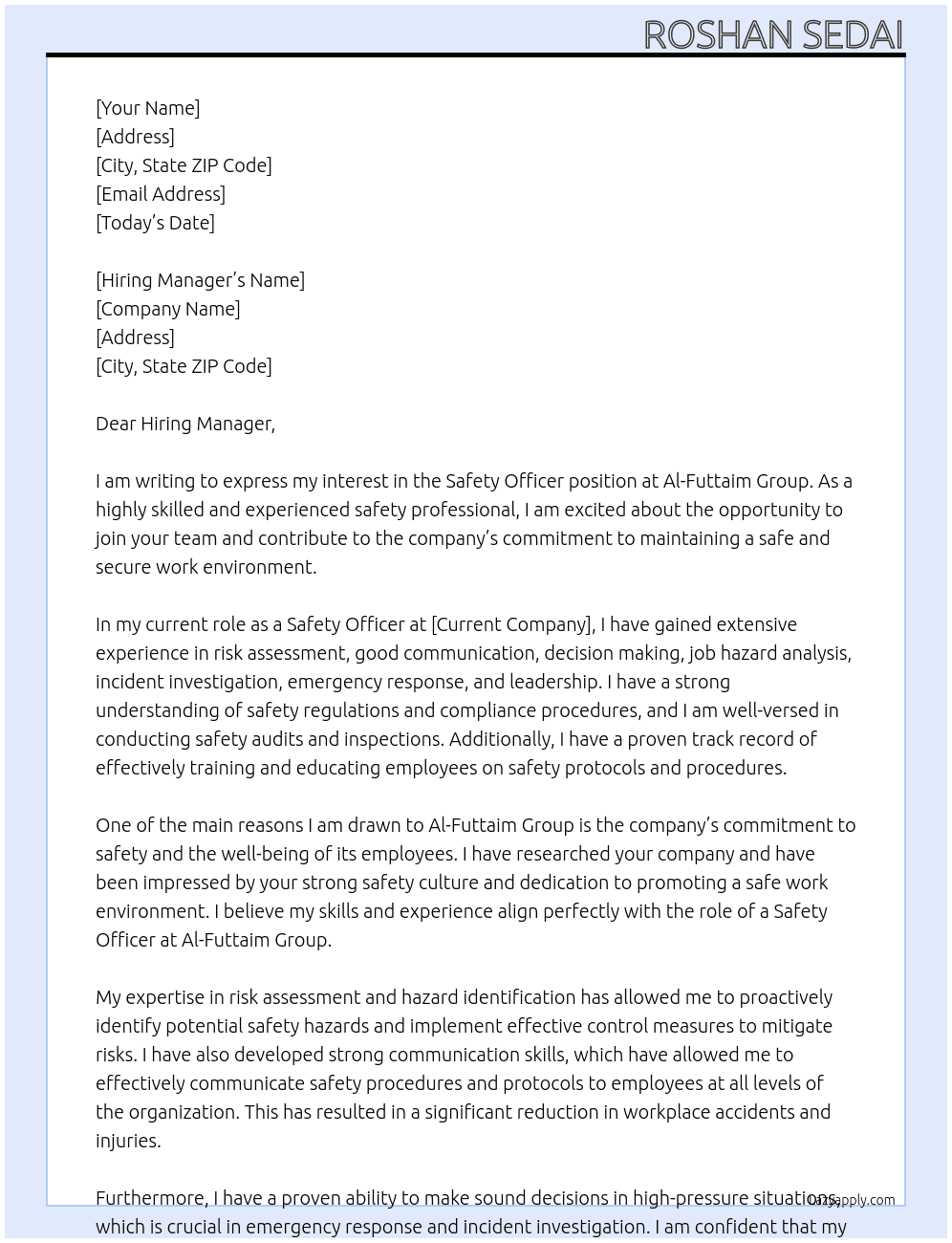 Safety Officer At Al-Futtaim Group Cover Letter