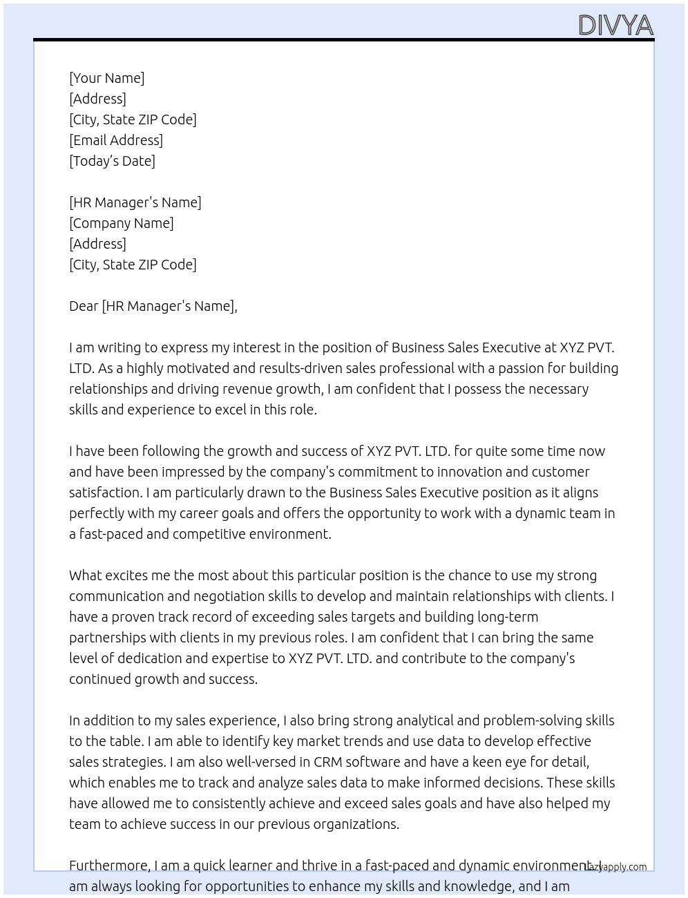 Business Sales Executive At XYZ PVT. LTD. Cover Letter