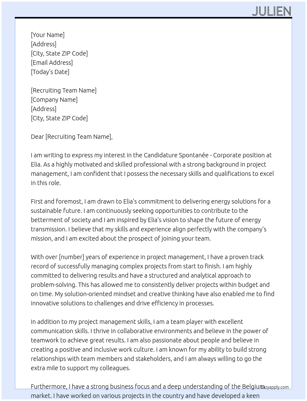 Candidature Spontanée - Corporate At Elia Cover Letter