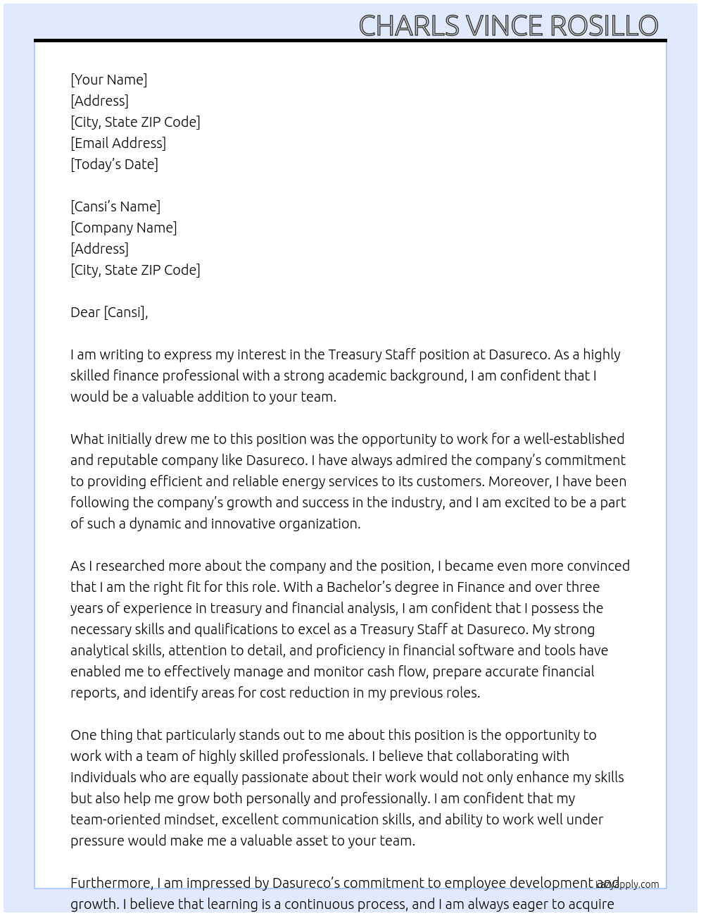 Treasury staff  At Dasureco Cover Letter