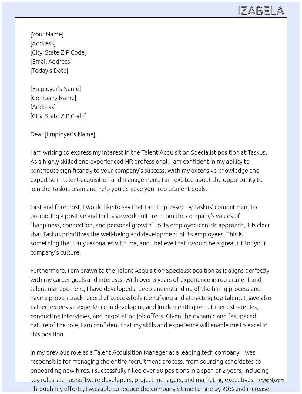 Talent acquisition specialist  At Taskus  Cover Letter