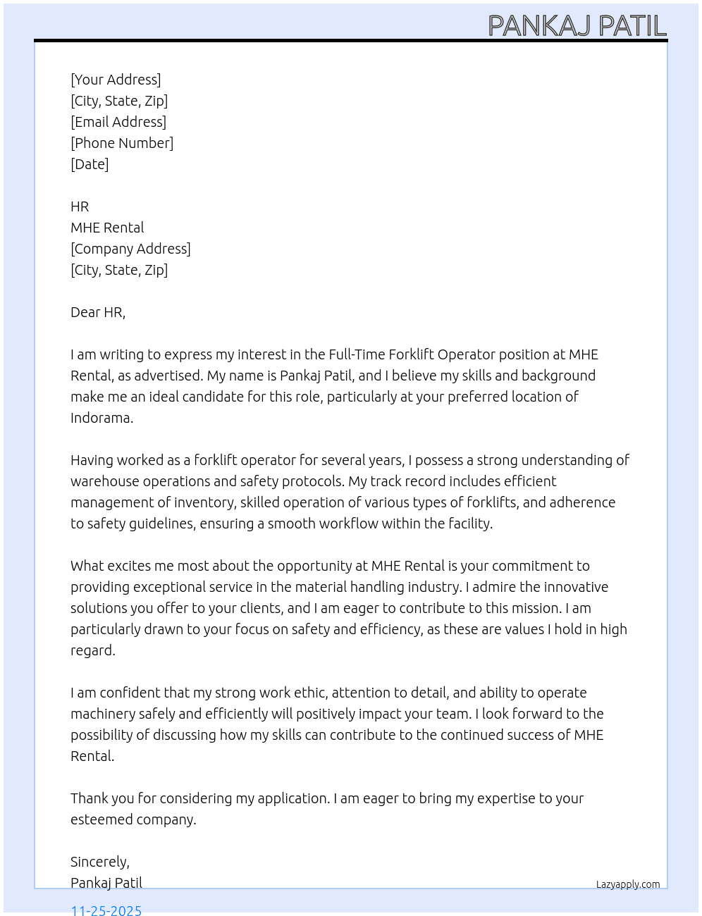 forklift operator At mhe rental Cover Letter