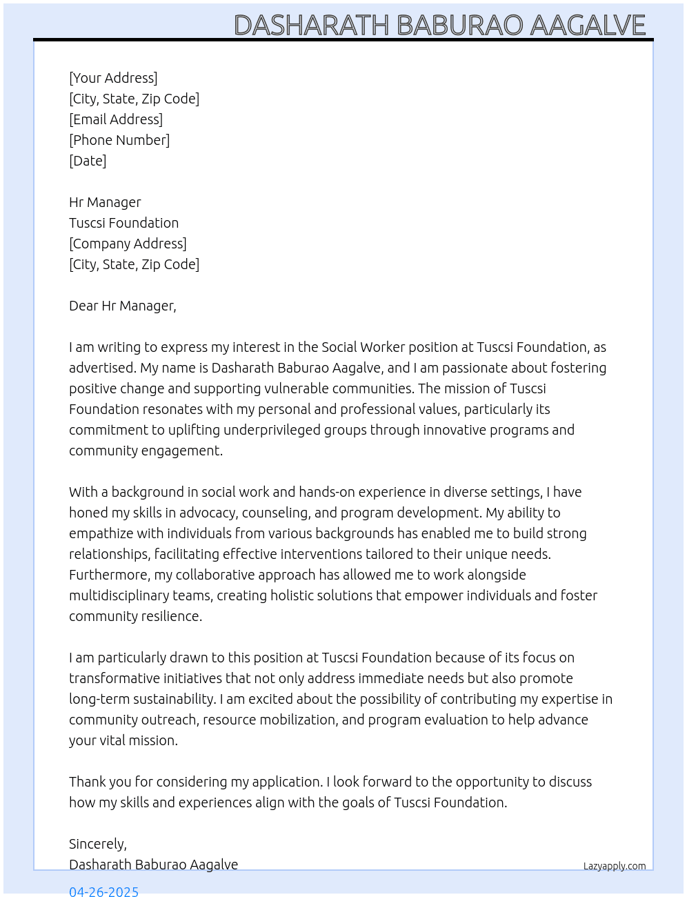Social worker  At Tuscsi Foundation  Cover Letter