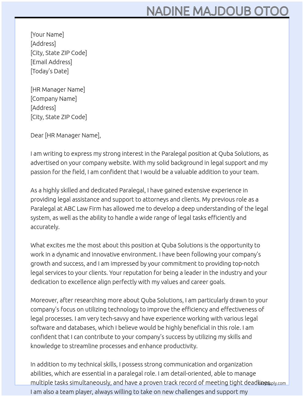 Paralegal At Quba Solutions Cover Letter