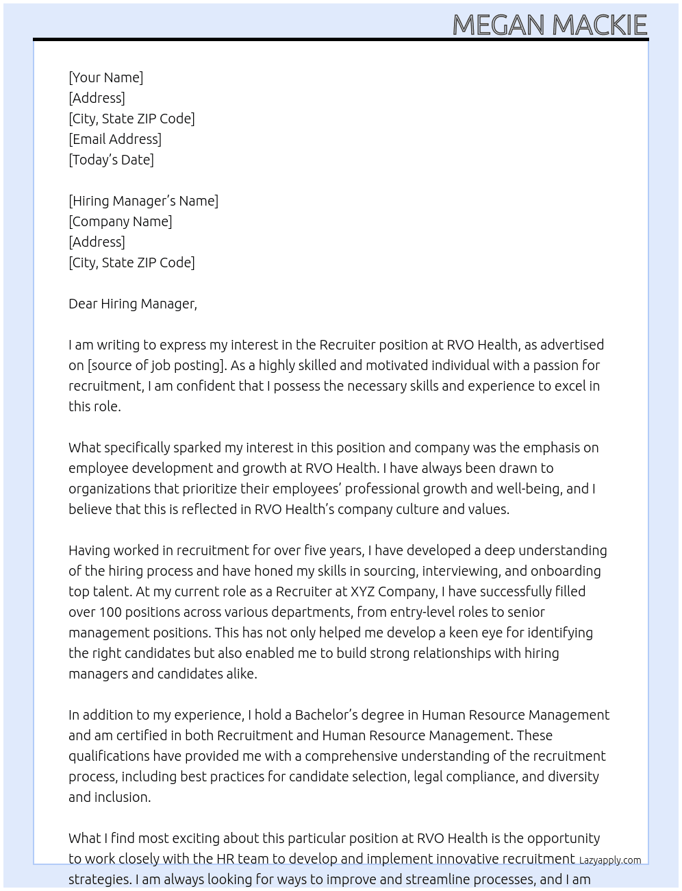 Recruiter At RVO Health Cover Letter