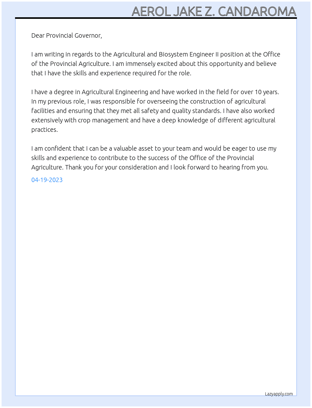 Agicultural and Biosystem Engineer II At Office of the Provincial Agriculture Cover Letter