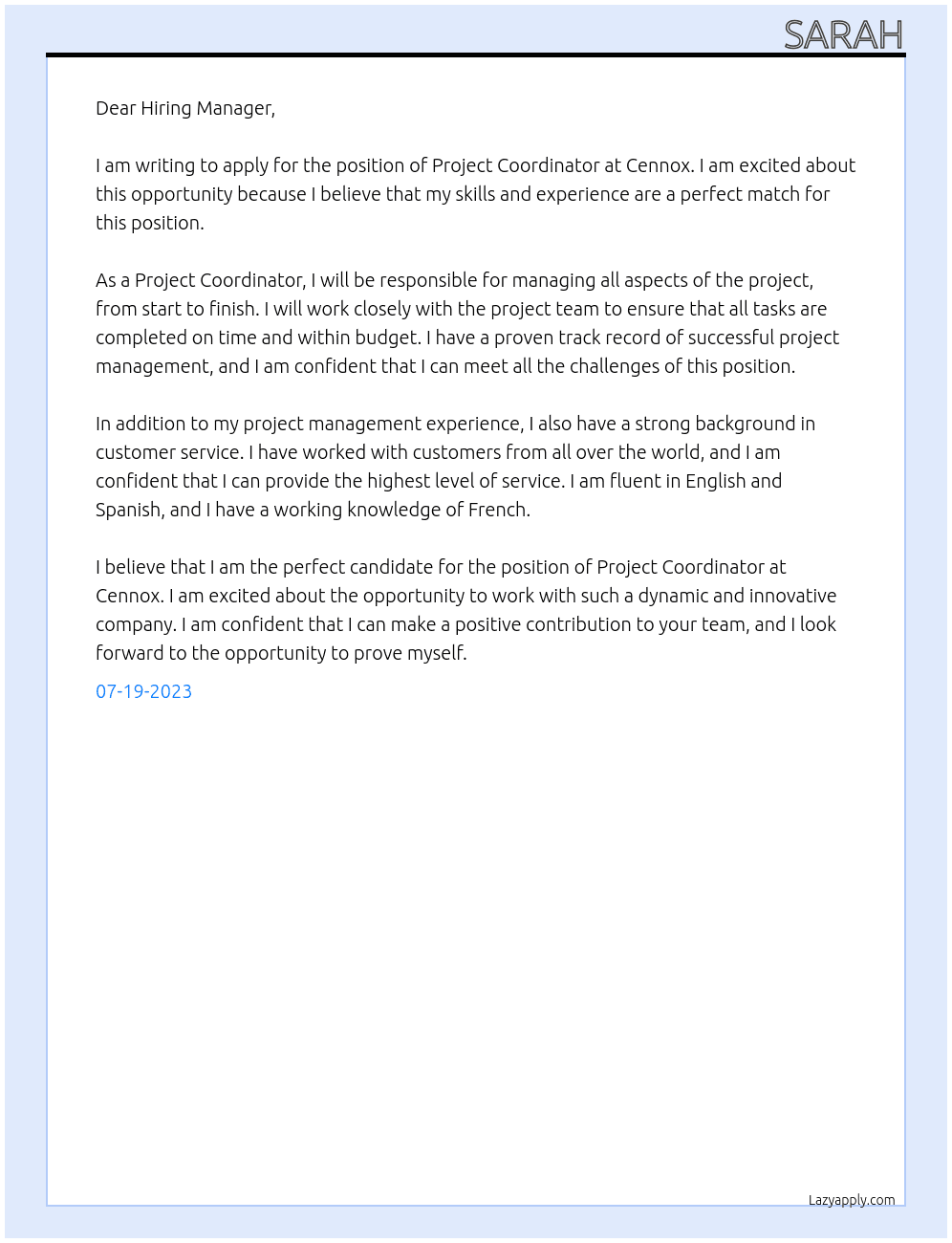project coodinator At Cennox Cover Letter