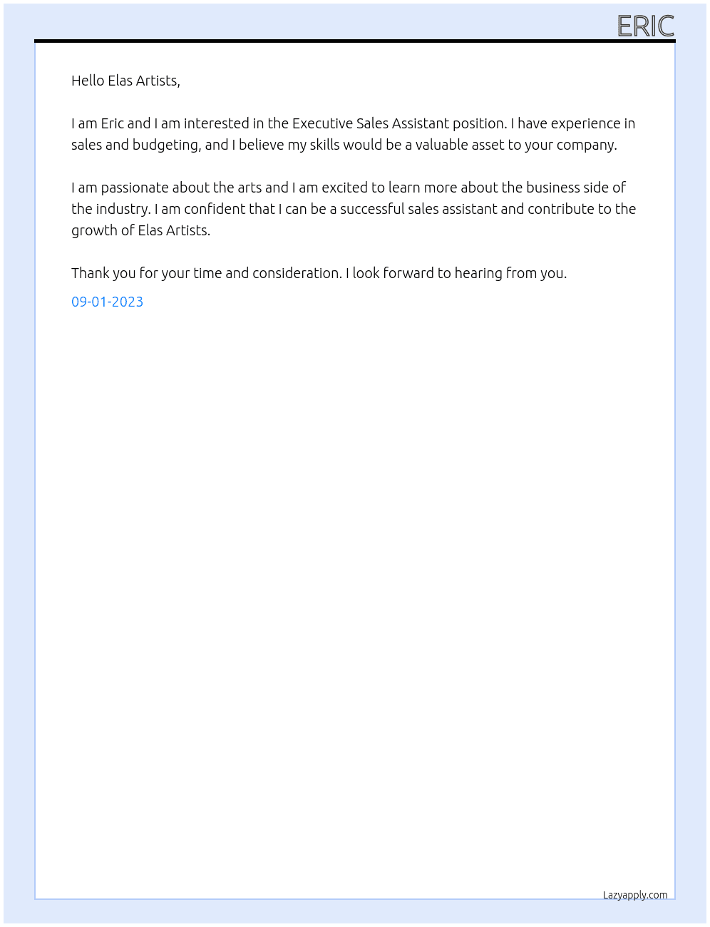 Executive Sales Assistant At Elas Artists Cover Letter