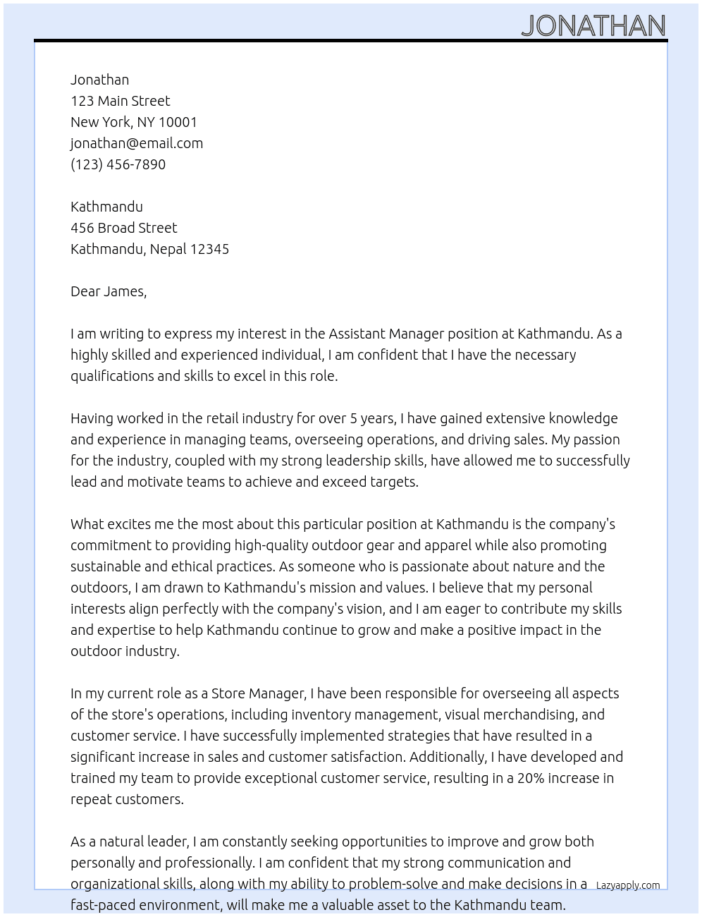 Assistant Manager At Kathmandu Cover Letter