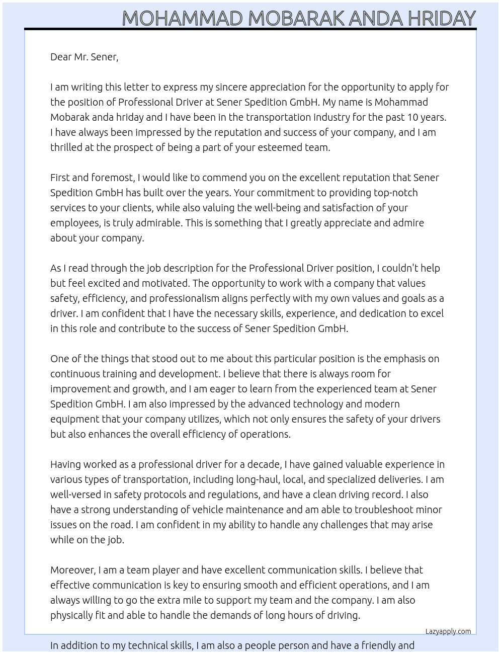 Professional driver At Sener Spedition GmbH Cover Letter