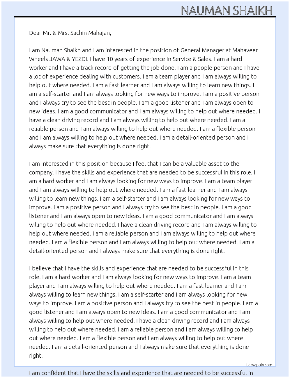 General Manager  At Mahaveer Wheels JAWA & YEZDI  Cover Letter