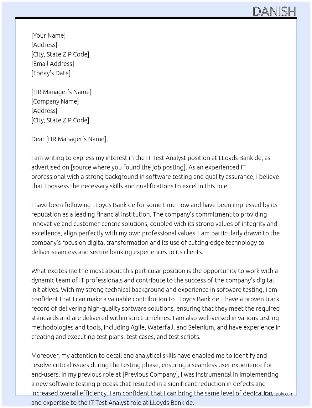 IT Test Analyst At LLoyds Bank de Cover Letter