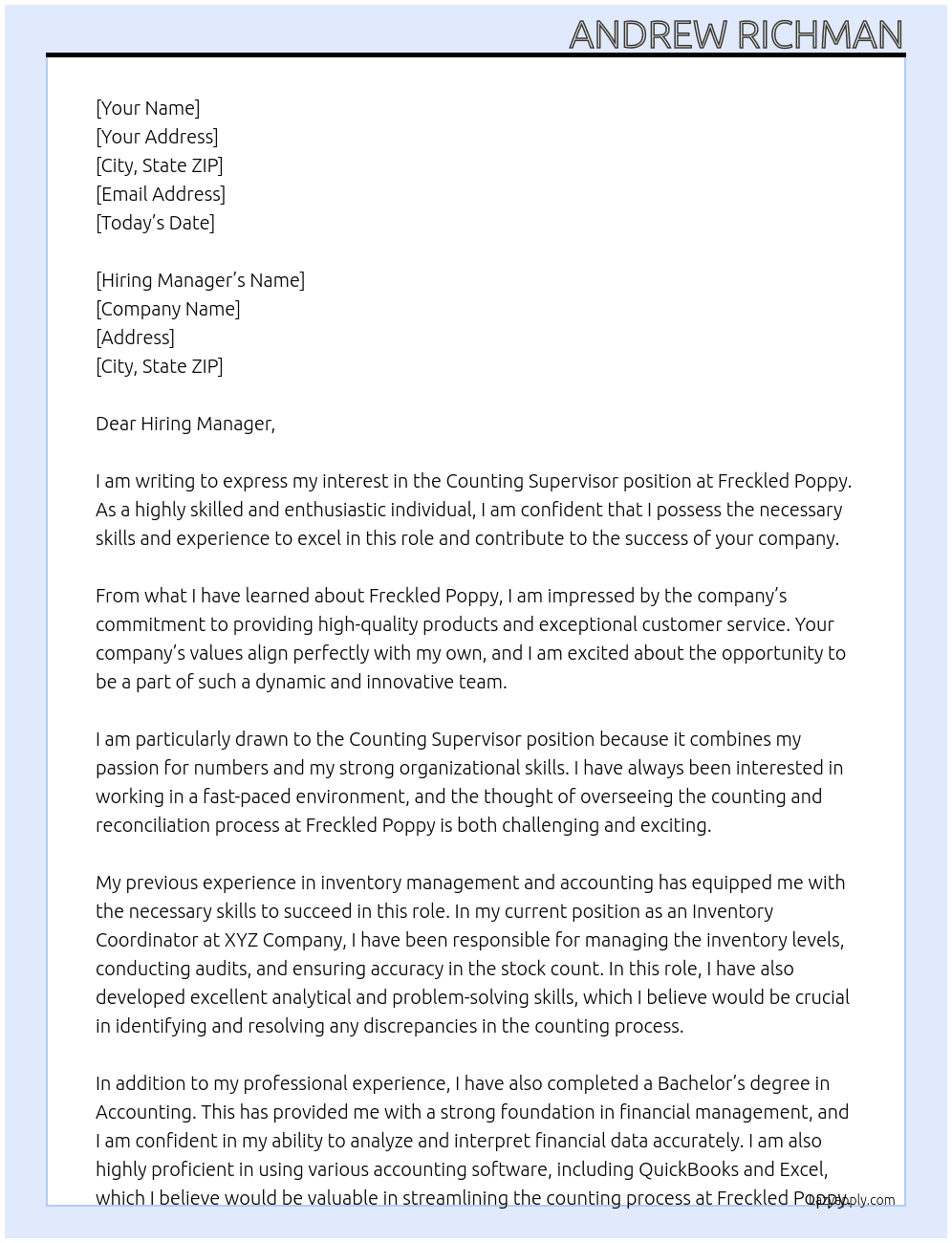 Counting Supervisor At Freckled Poppy Cover Letter