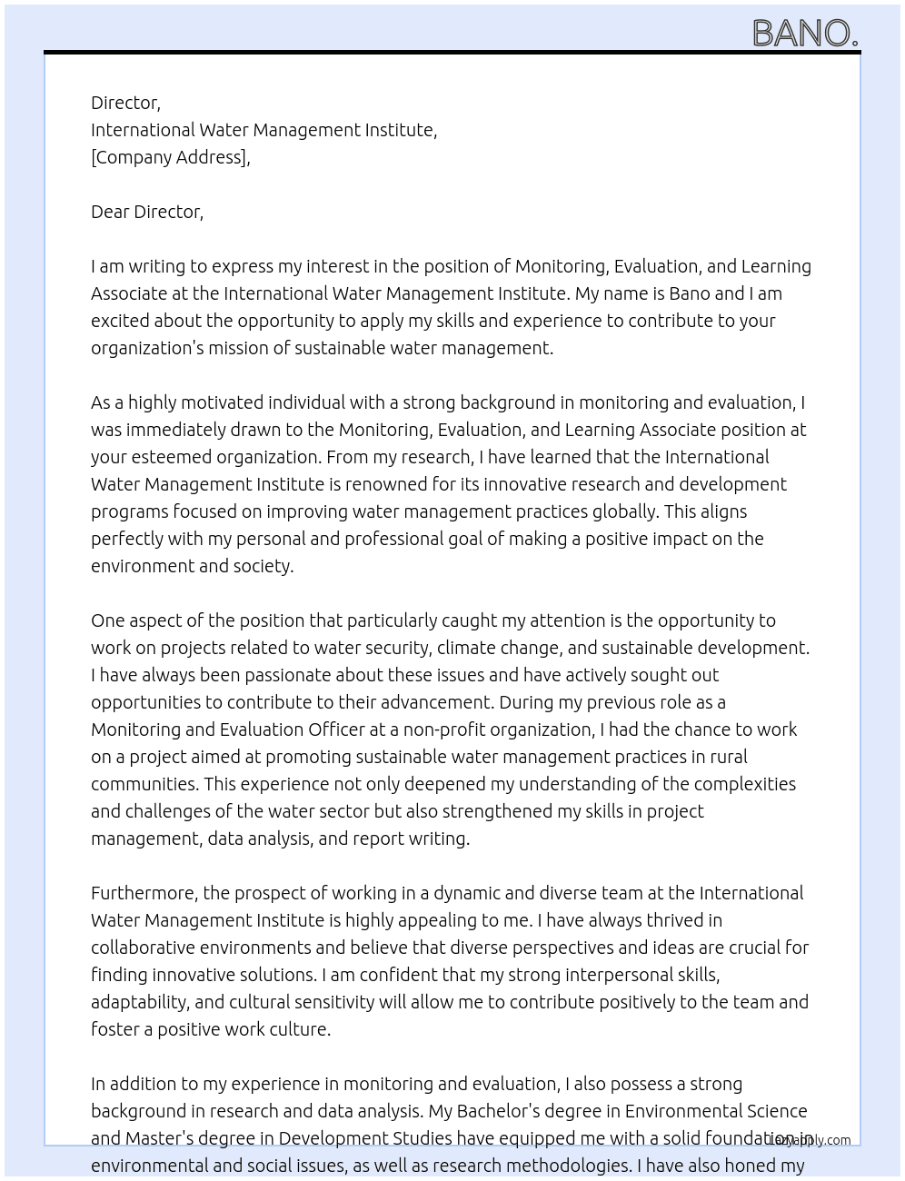 Monitoring, Evaluation and Learning Associate. At international water management institute. Cover Letter