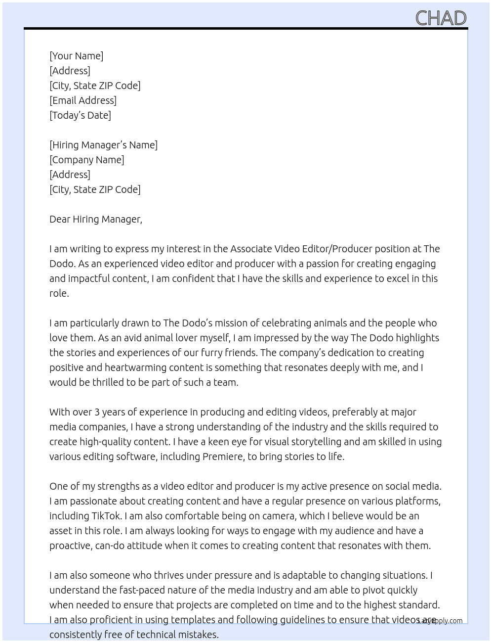 Associate video editor/ Producer  At The Dodo Cover Letter
