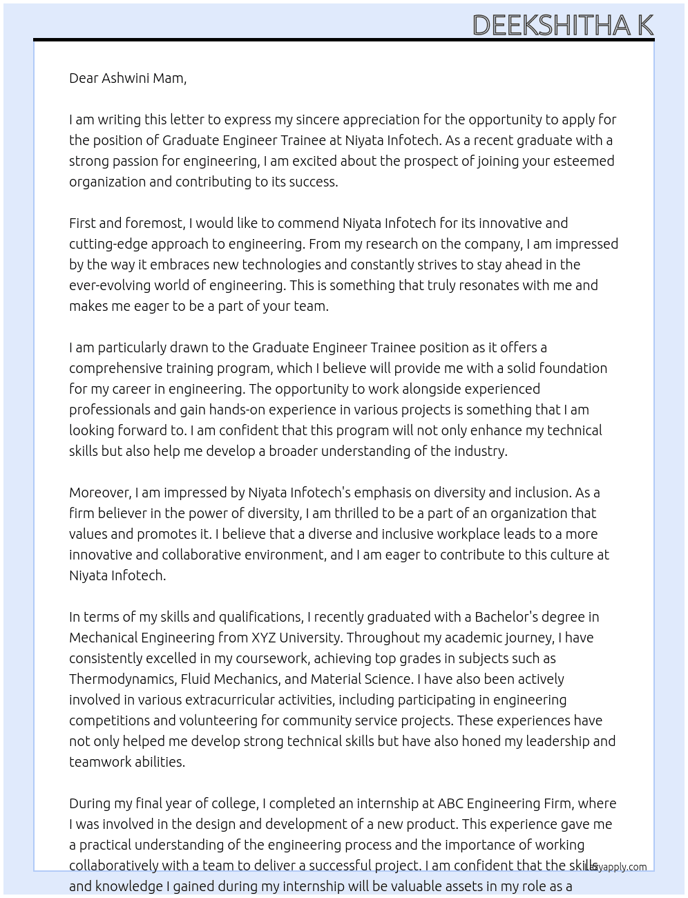 Graduate Engineer Trainee At Niyata infotech  Cover Letter