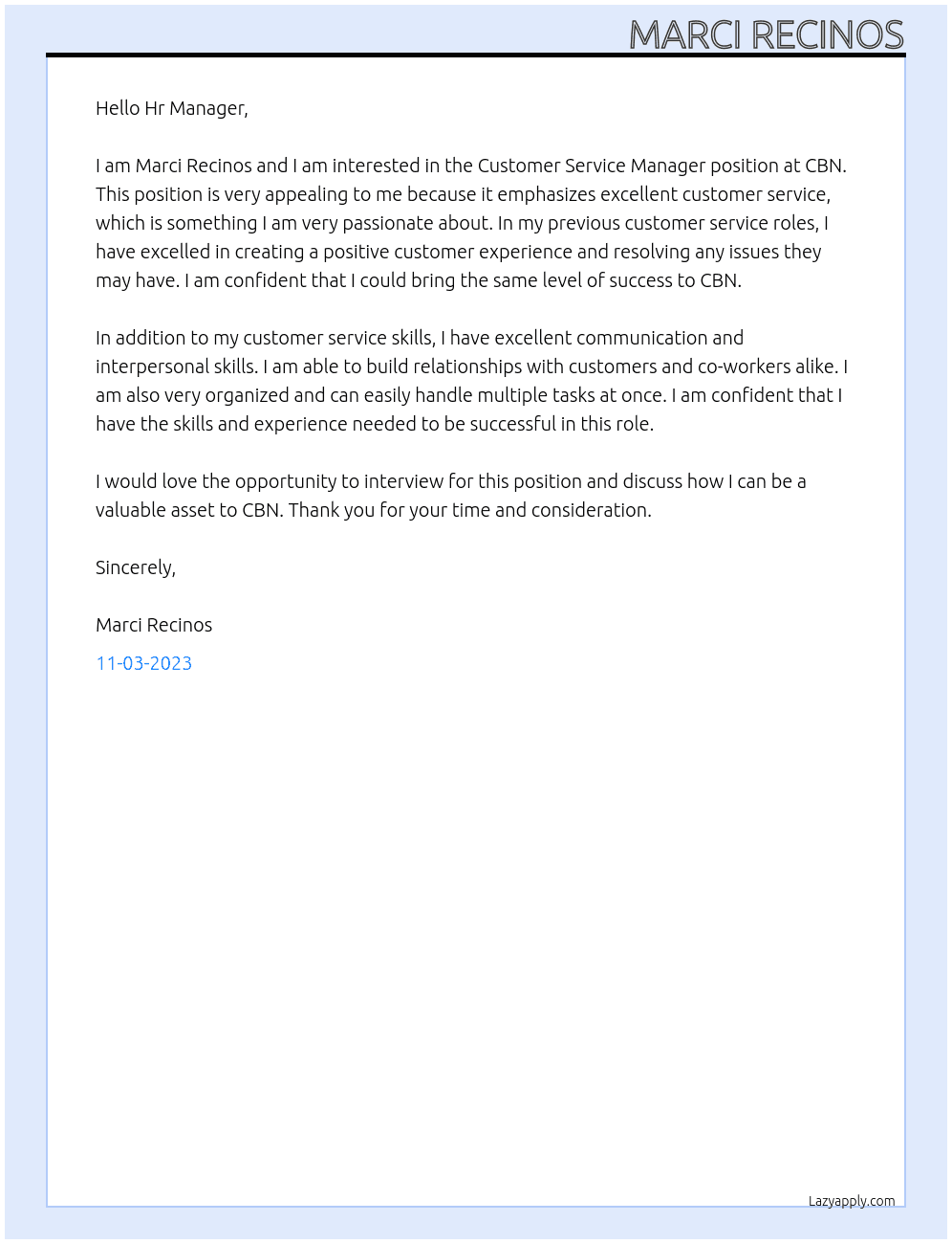 Customer Service Manager At CBN Cover Letter