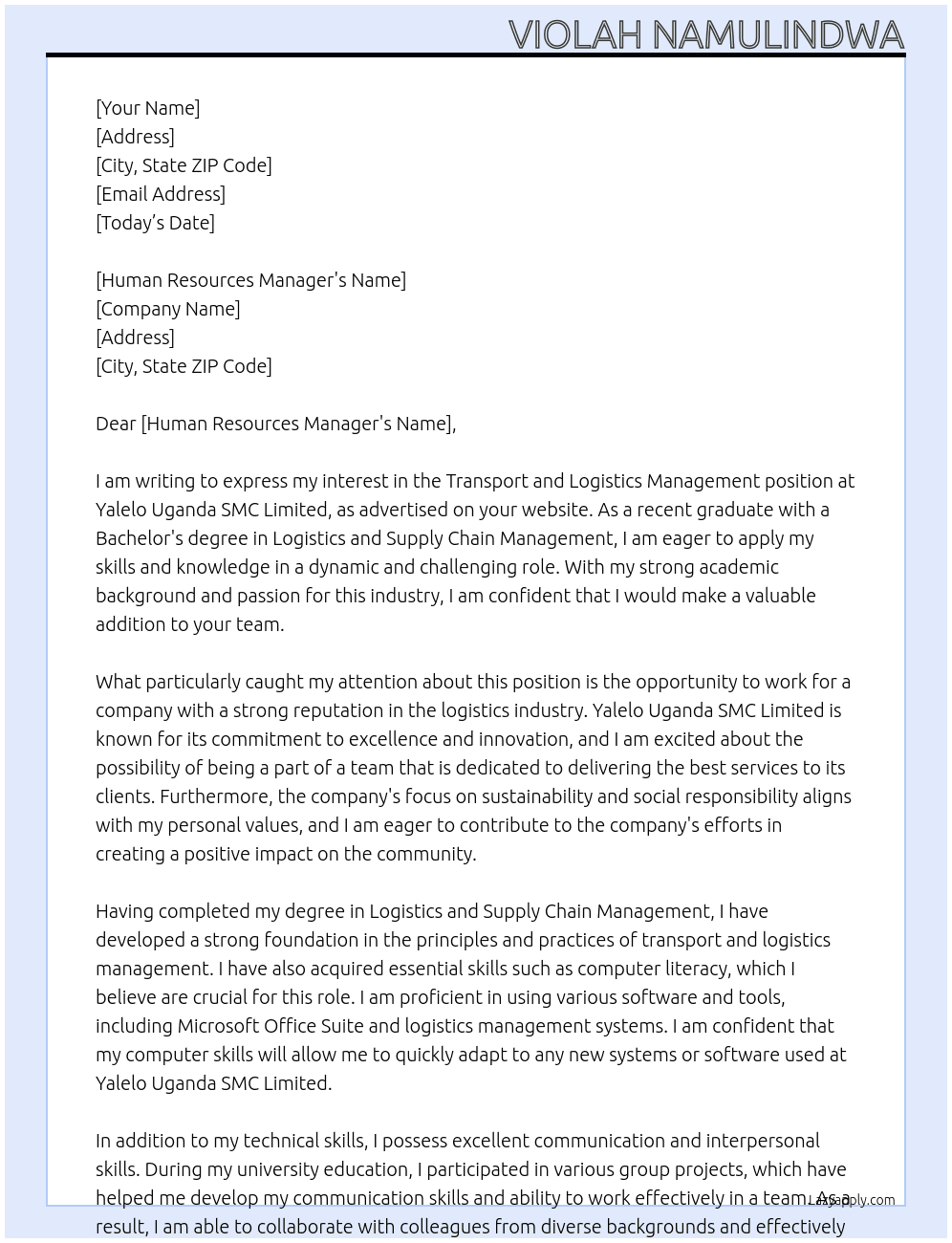 transport and logistics management At Yalelo Uganda SMC Limited Cover Letter
