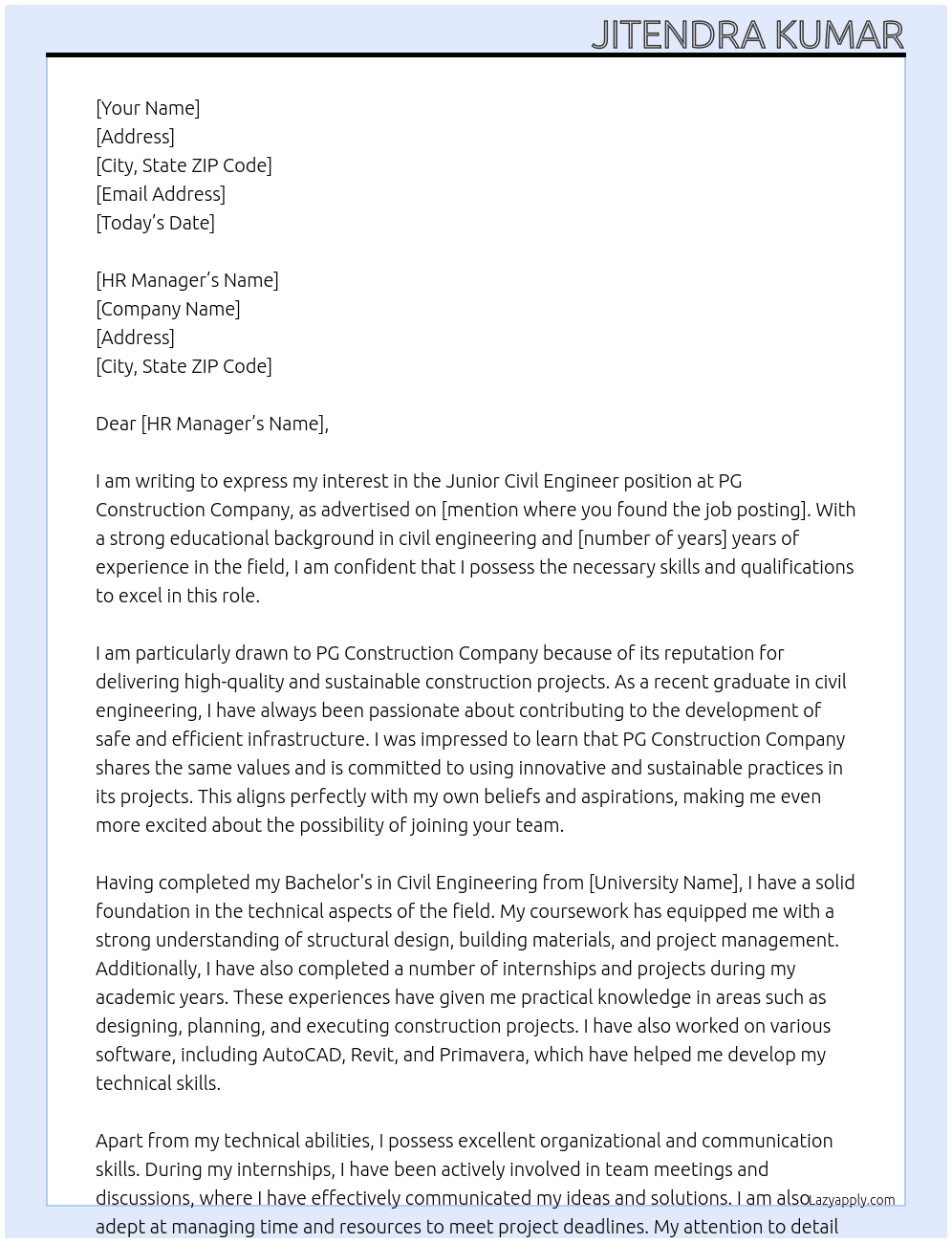 Junior civil engineer  At PG construction company  Cover Letter