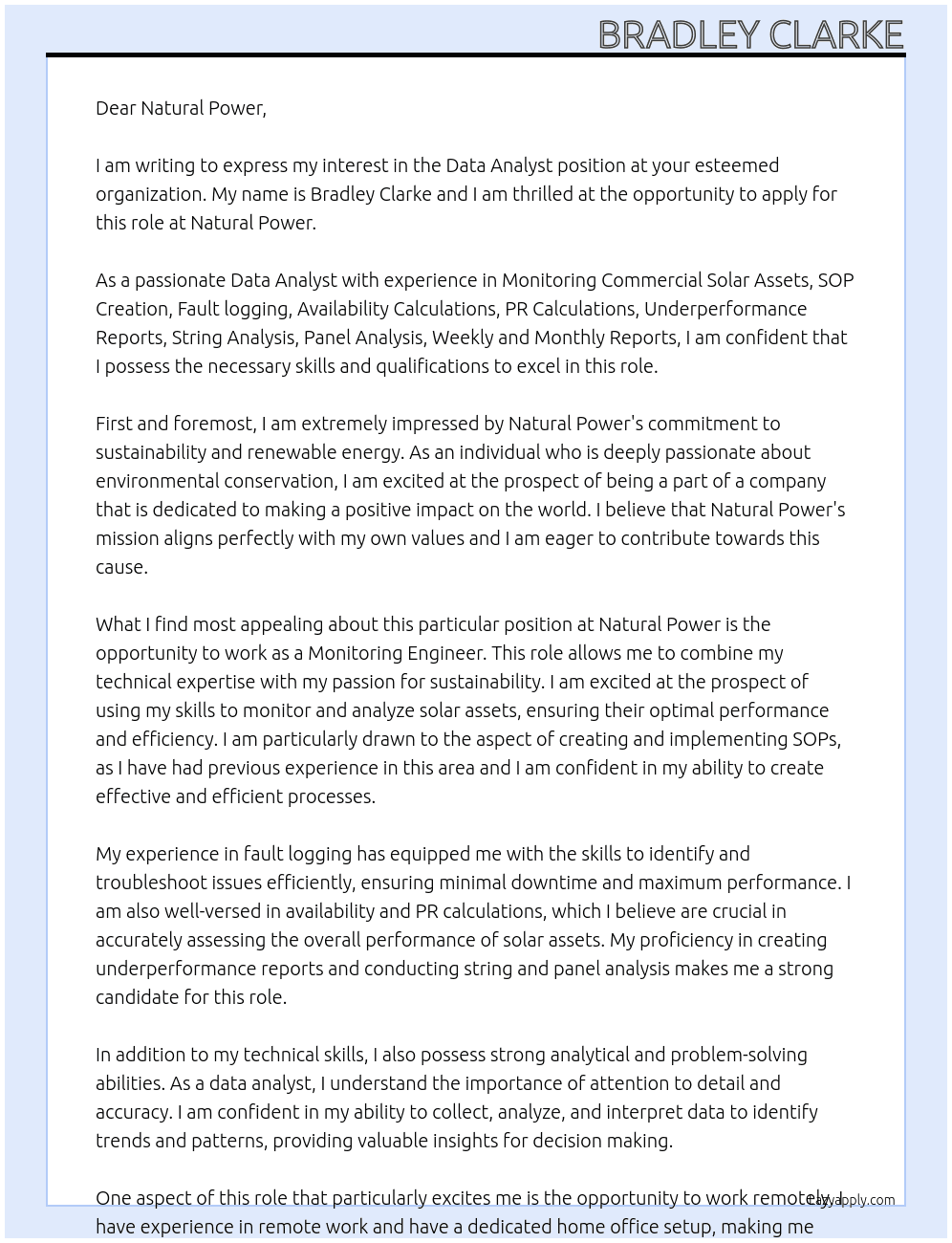 Data Analyst At Natural Power Cover Letter