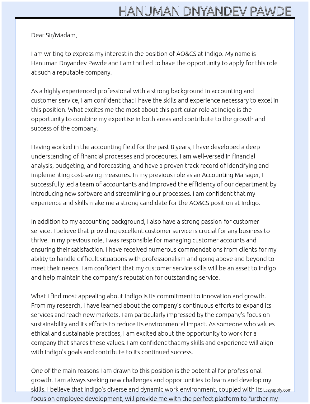 AO&CS At Indigo Cover Letter