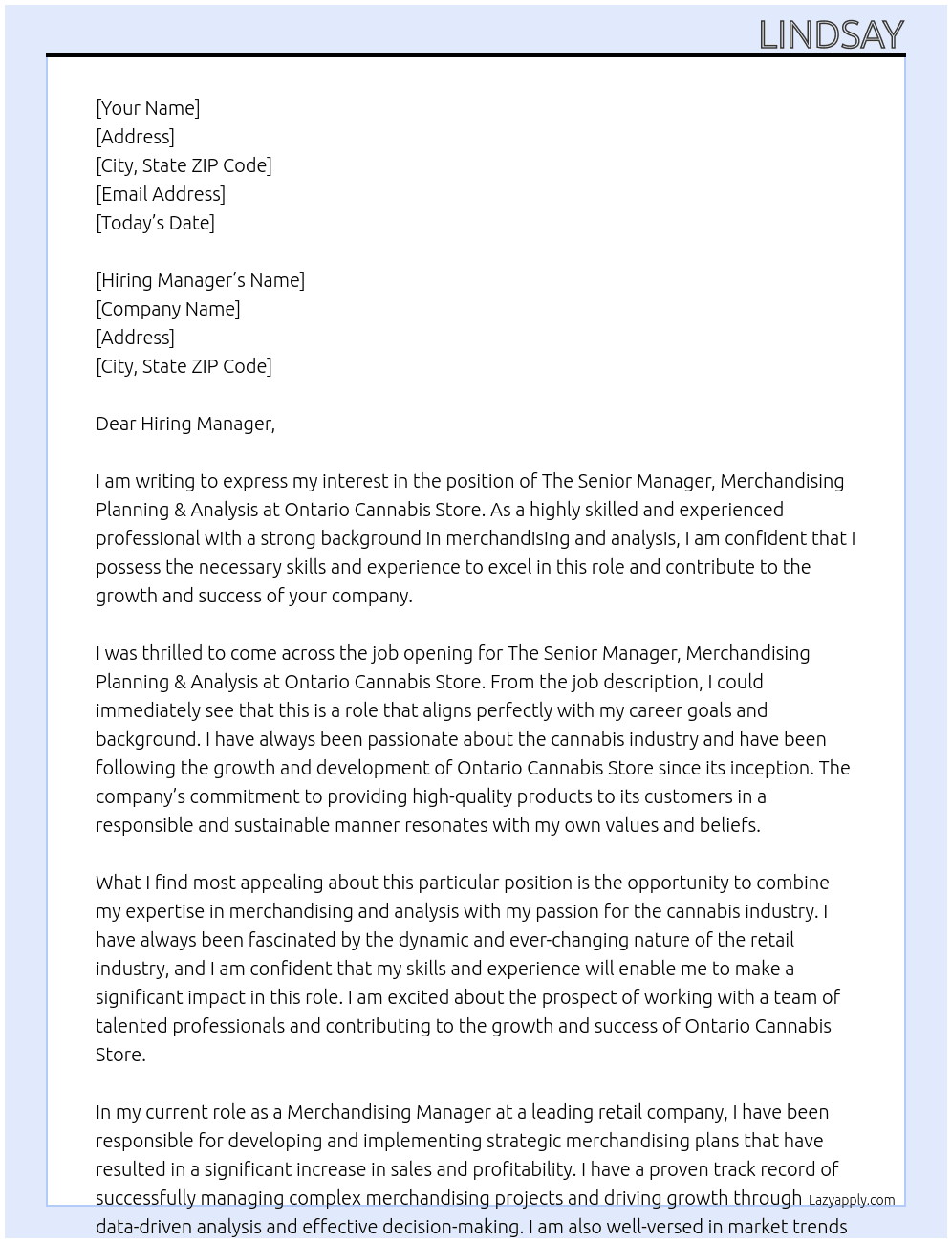 The Senior Manager, Merchandising Planning & Analysis At Ontario Canabis Store Cover Letter