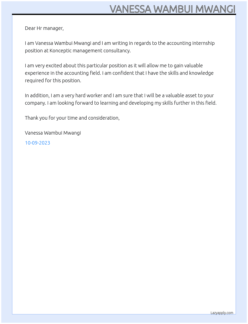 Accounting internship At Konceptic management consultancy  Cover Letter