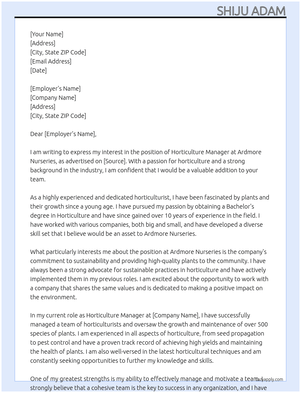 Horticulture  At Ardmore Nurseries  Cover Letter