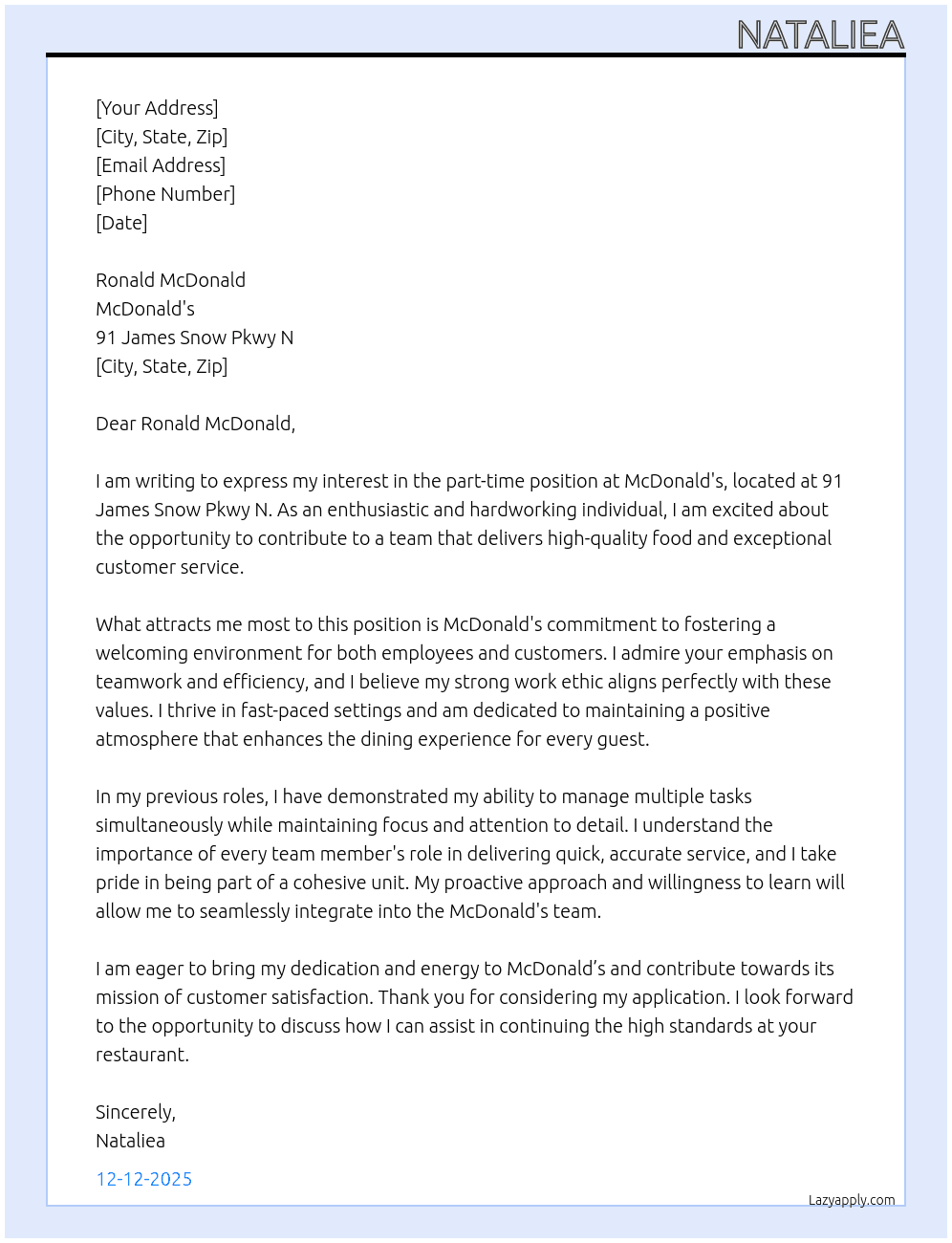 mc donalds  At mc donalds Cover Letter