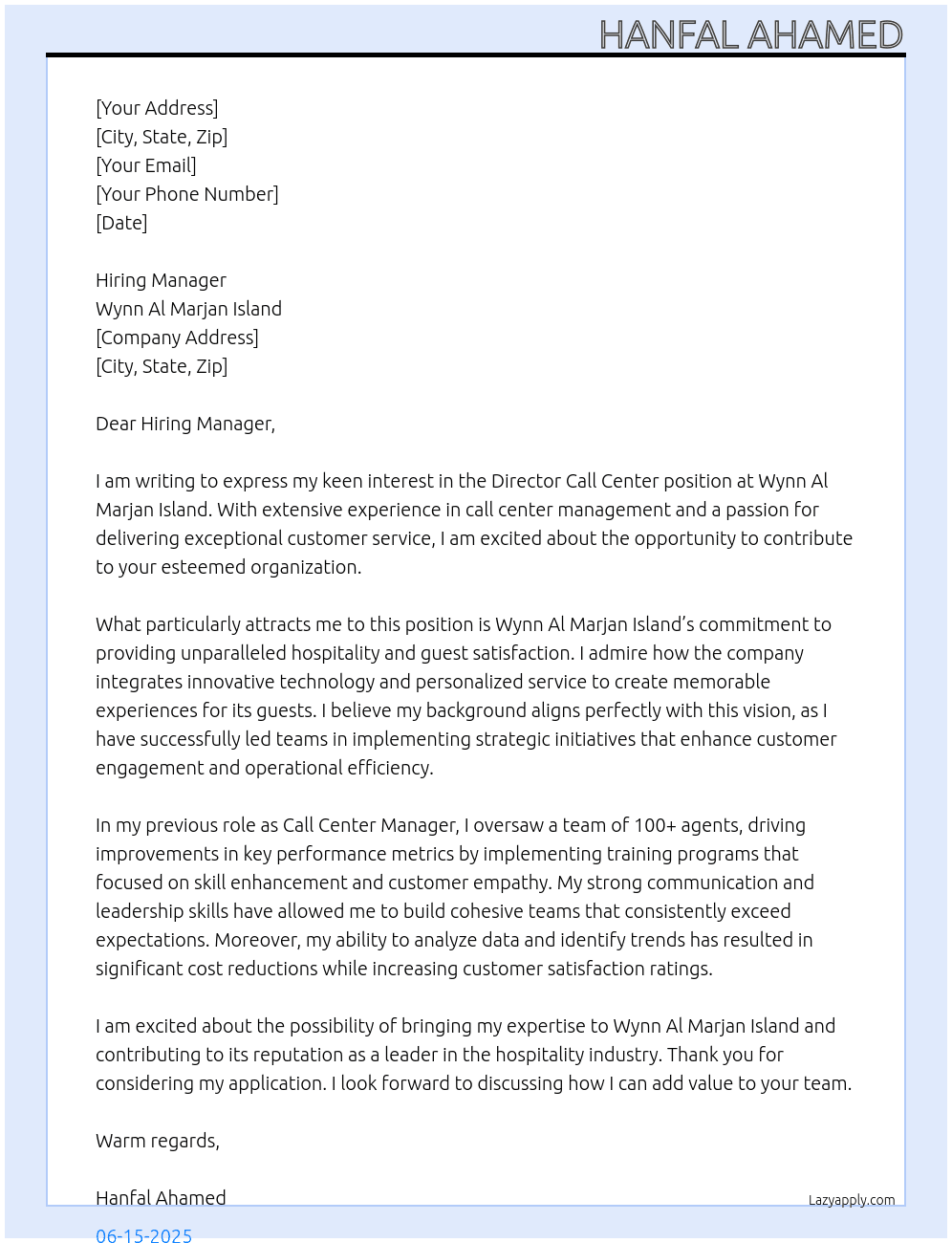 Director Call Center At Wynn Al Marjan Island Cover Letter
