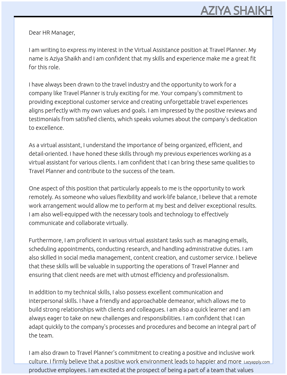 Virtual assistance At Travel planner Cover Letter