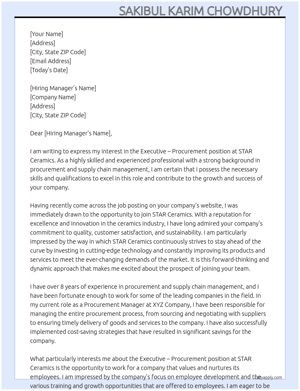 Executive -Procurement  At STAR ceramics  Cover Letter