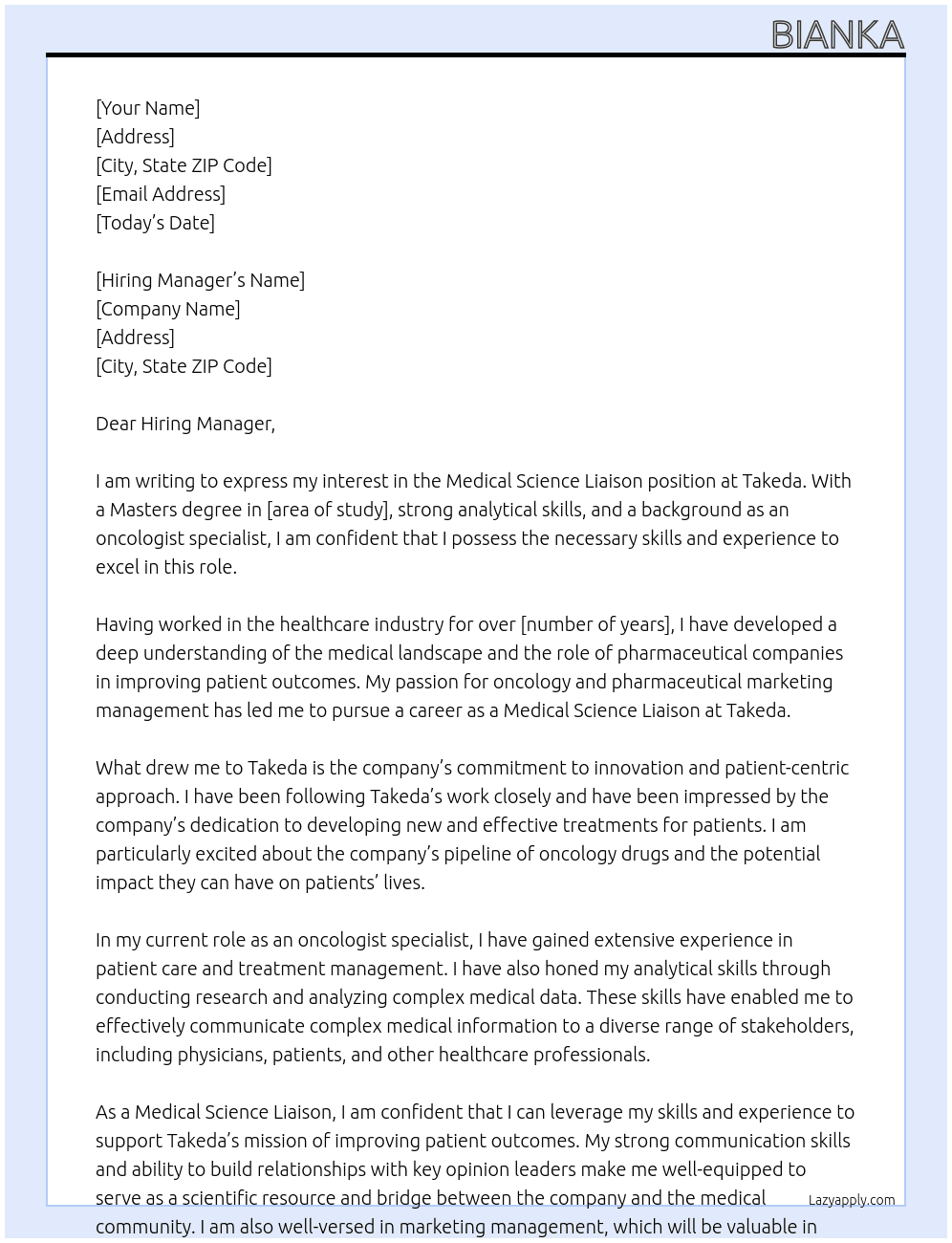 medical science liason  At Takeda Cover Letter