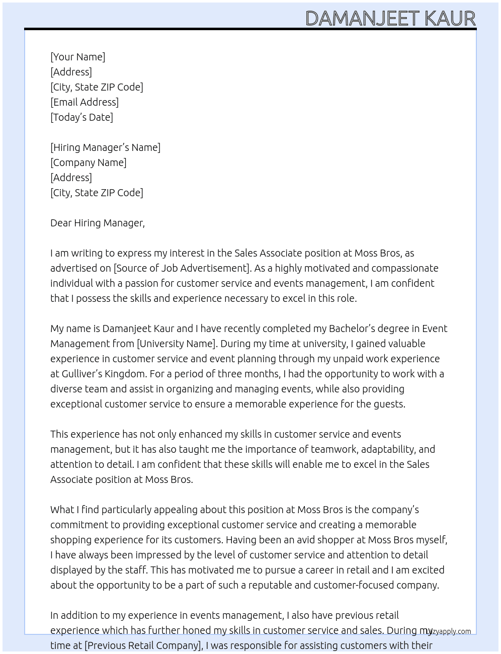 Sales Associate At Moss Bros Cover Letter