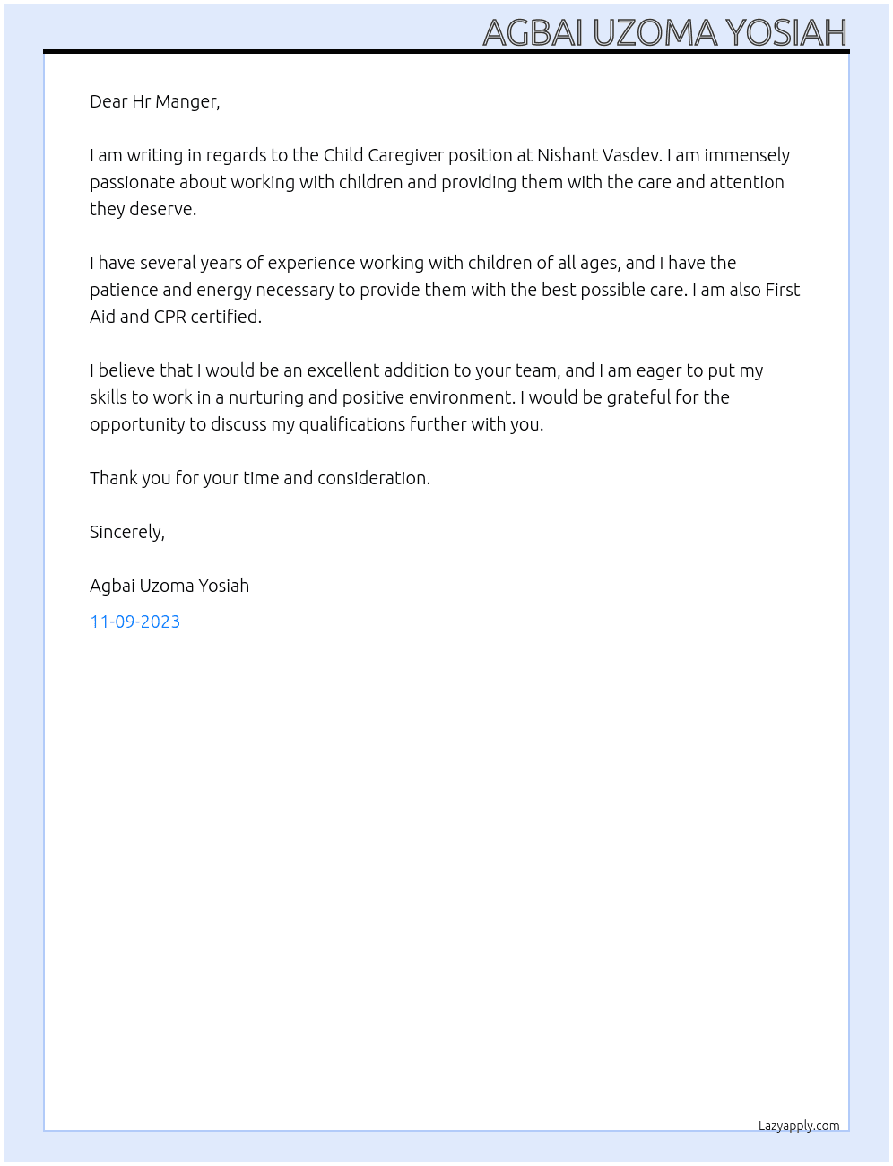 Child Caregiver At Nishant Vasdev Cover Letter