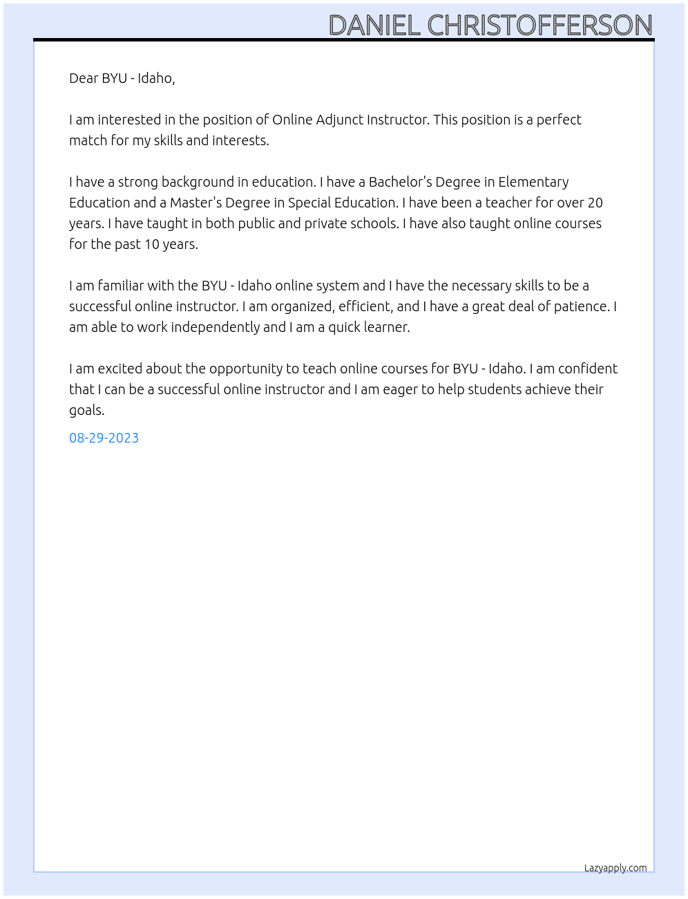 Online Adjunct Instructor At BYU - Idaho Cover Letter
