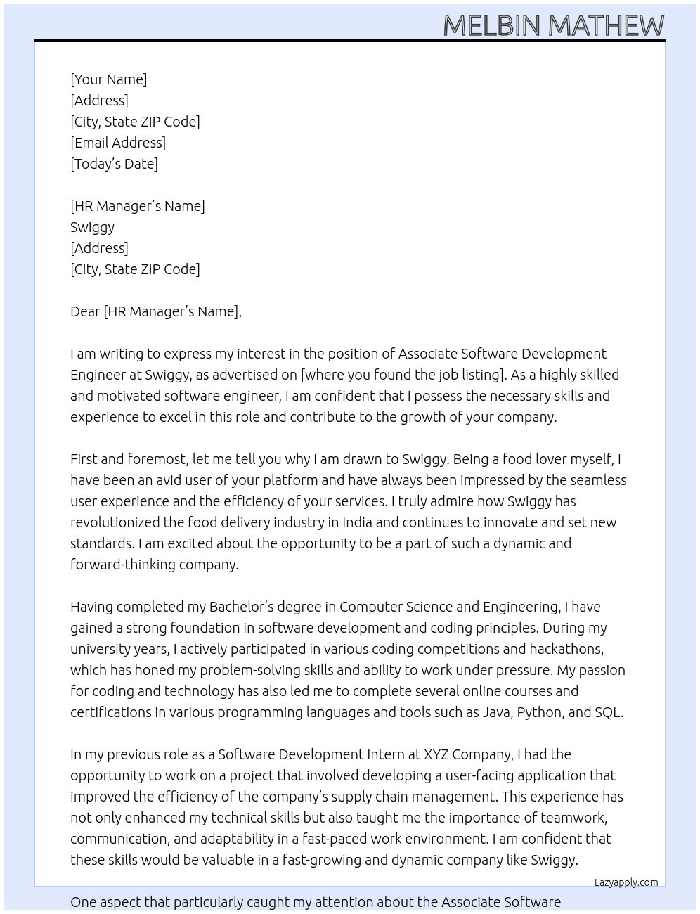 Associate Software Development Engineer  At swiggy Cover Letter