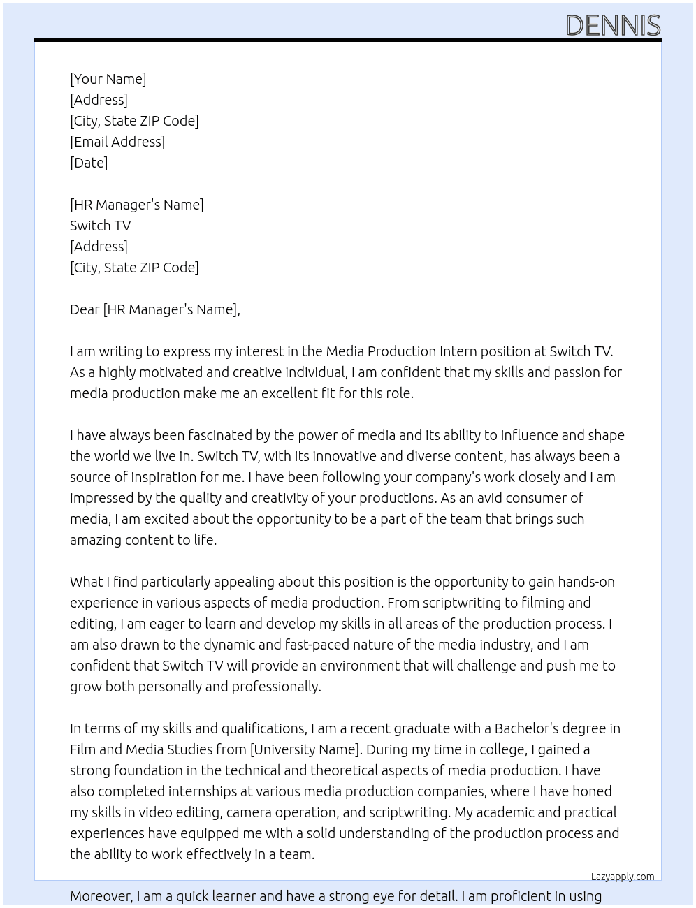 Media production intern  At Switch Tv  Cover Letter