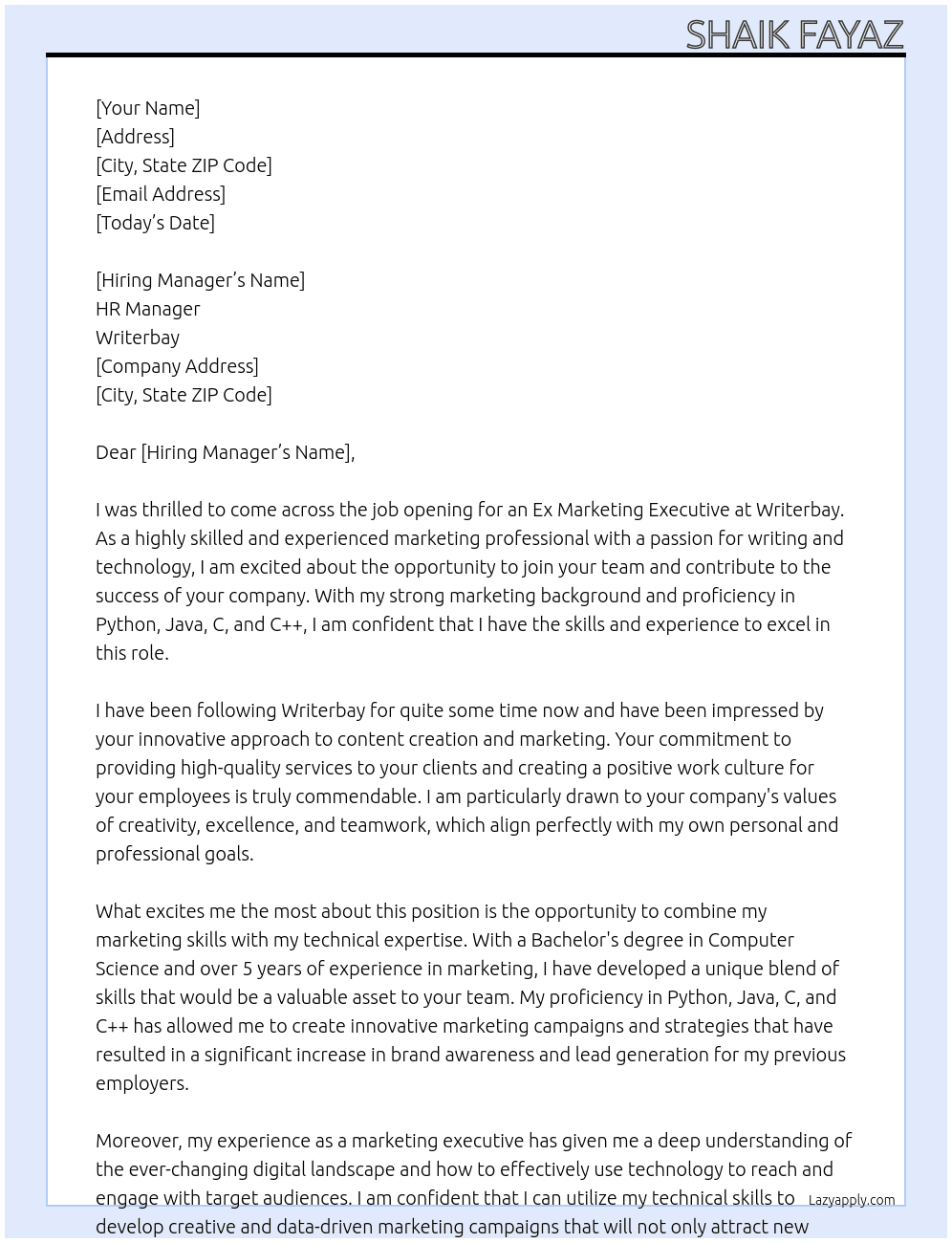 Ex marketing executive  At Writerbay Cover Letter