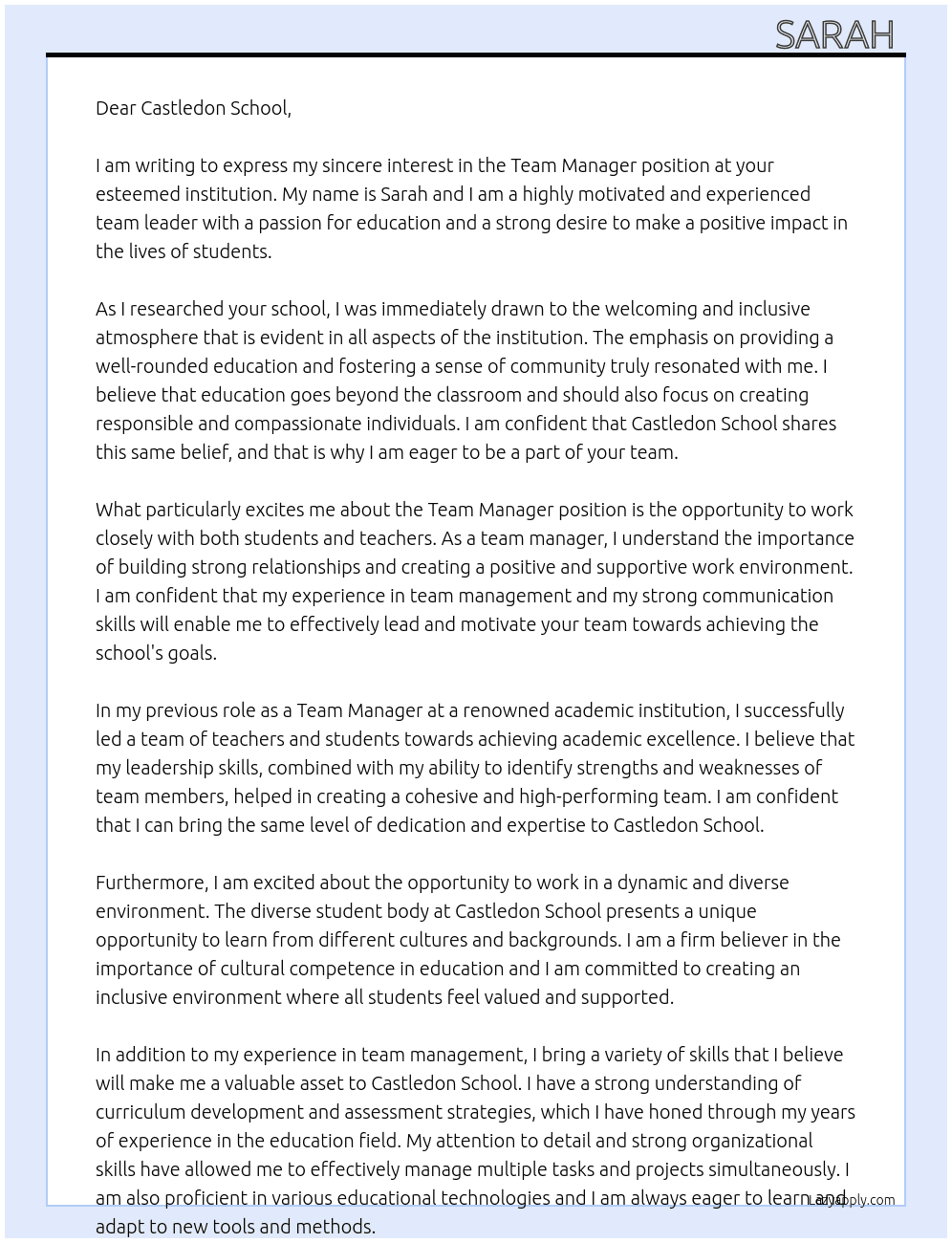 team manager  At Castledon School  Cover Letter