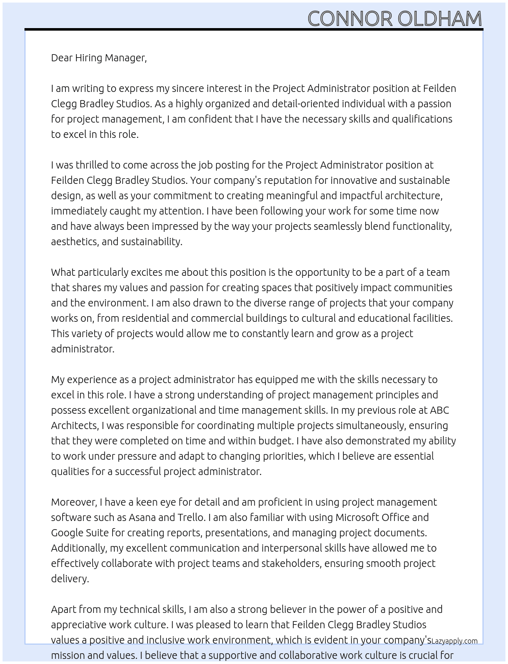 Project Administrator At Feilden Clegg Bradley Studios Cover Letter
