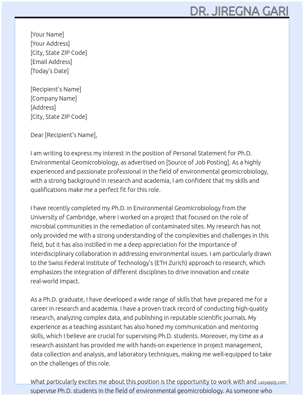 Personal statemen for Phd environmental geomicrobiology At  the Swiss Federal Institute of Technology Cover Letter