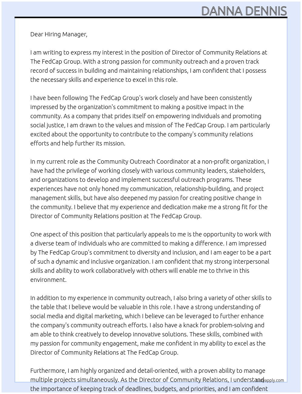Director of Community Relations At The FedCap Group Cover Letter