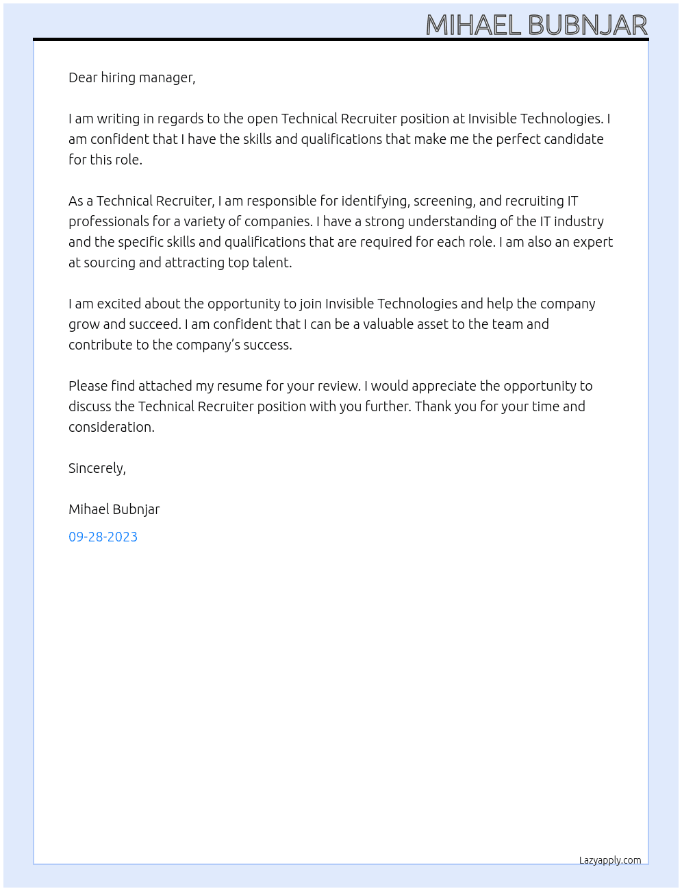 Technical Recruiter At  Invisible Technologies  Cover Letter