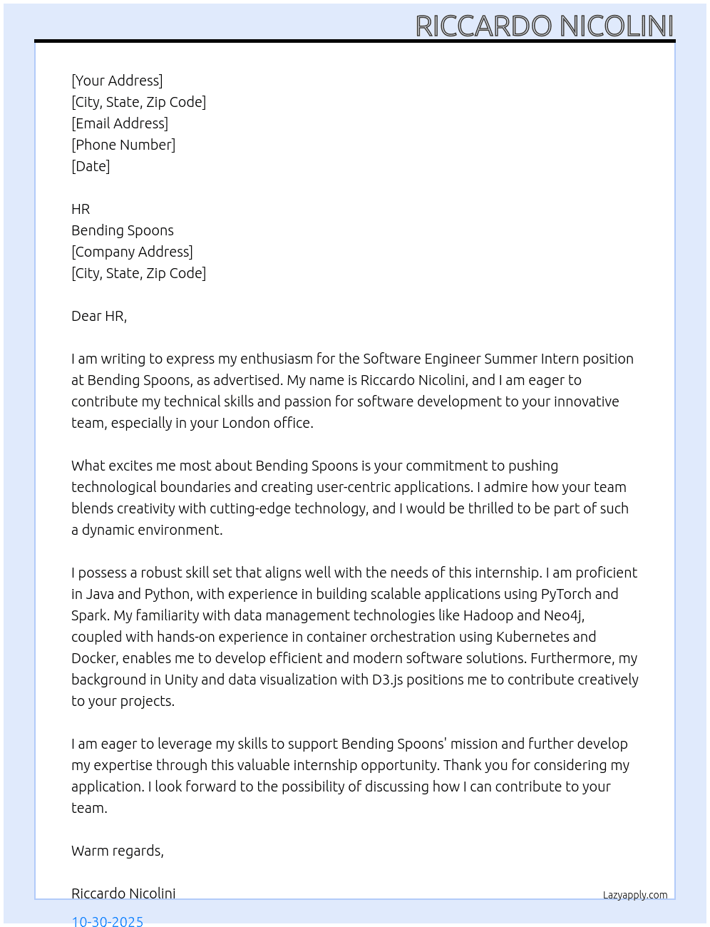 Cover letter for software engineer, summer intern - LazyApply